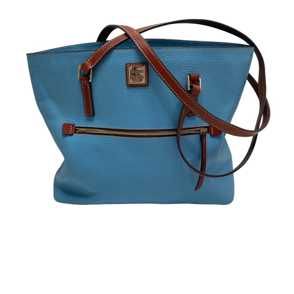 Dooney & Bourke Turquoise Pebbled Leather Tote Bag Brown Trim Blue Shoulder Bag - Picture 2 of 16